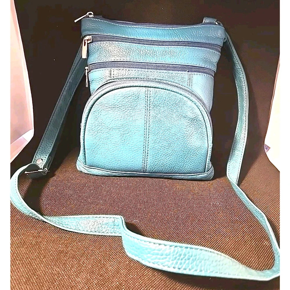 Genuine Cross Body Purse Bag, Multi-Pocket Teal Aqua Blue